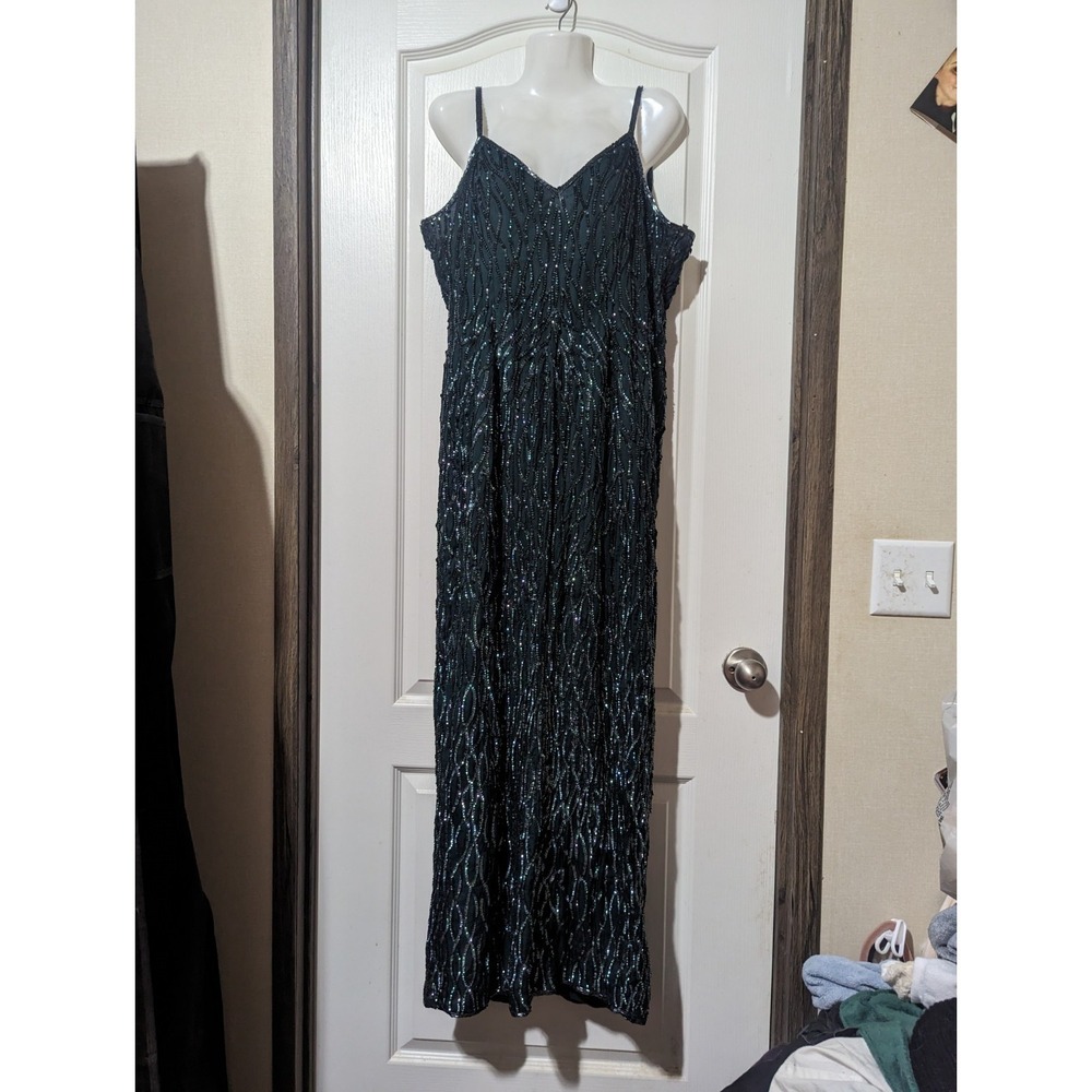 MARK & JOHN BY SAM Long Dark Green 100% Silk Beaded Holiday Evening Vintage XL